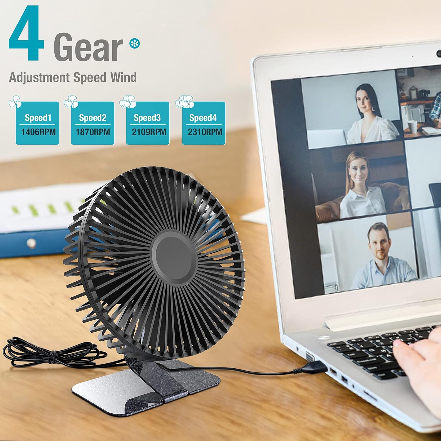 6-inch USB Small Desk Fan, 4 Speeds, Ultra-quiet, 90° Adjustment for Better Cooling, Portable Mini Powerful Desktop Table Fan, Personal Fan for Home