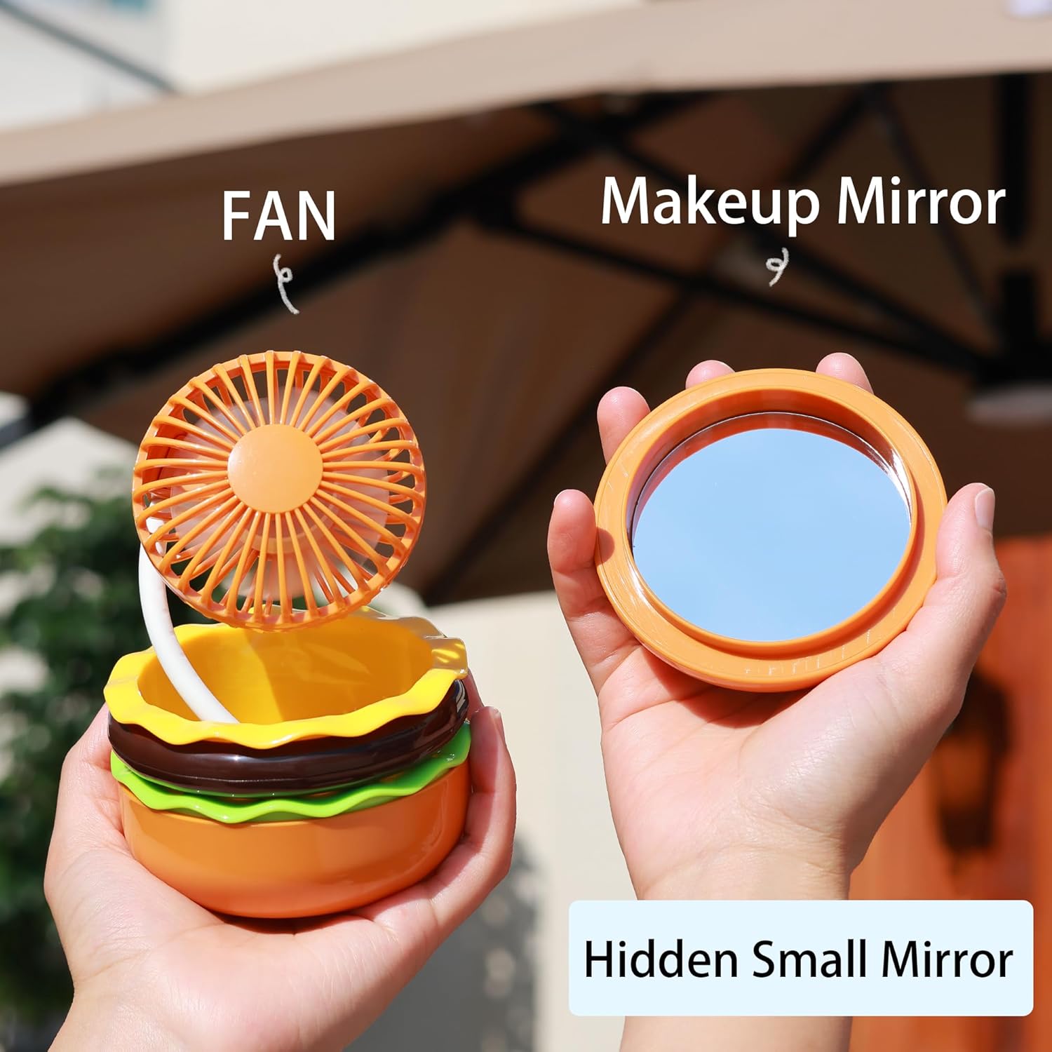 Rechargeable Hamburger Desk Fan With Mirror 3 Inch Small Mini Cute Desk Fan Powerful 3 Speeds 360° Rotate USB Personal Portable Desktop Table Fans For Home Office Travel Indoor Outdoor