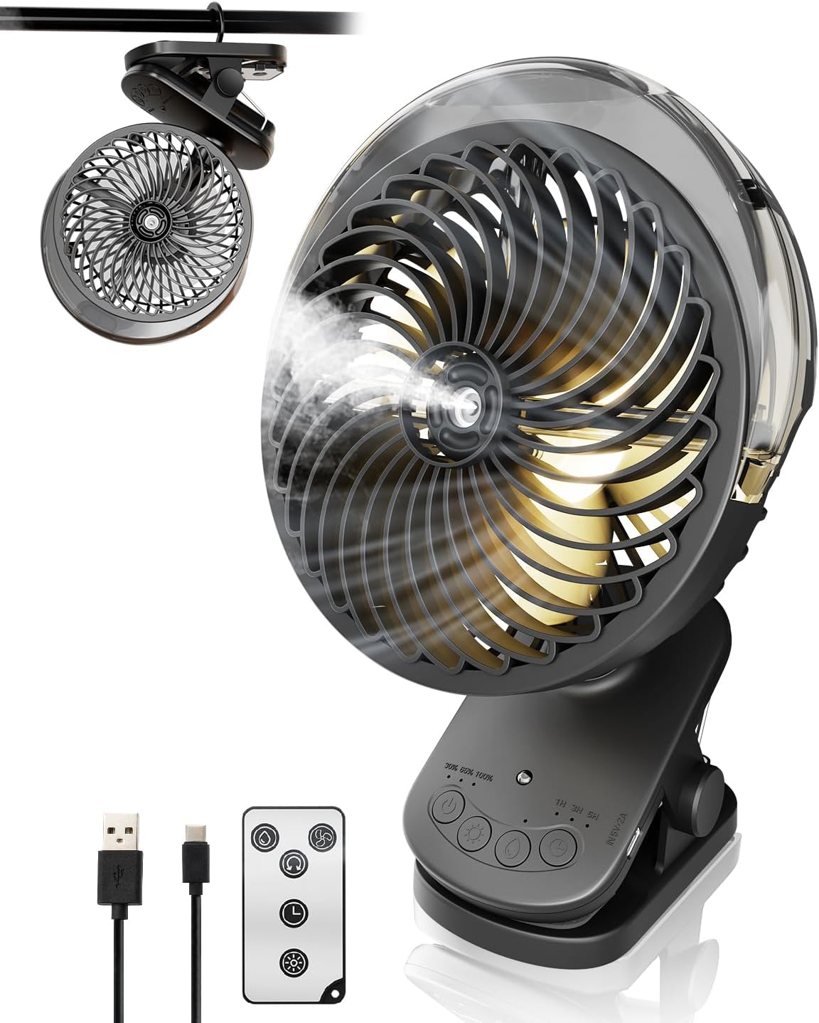 Fan with Mist & LED Light, 8000mAh Portable Rechargeable Battery Operated Desk Fan with Remote, 45Hrs Quiet Auto Oscillation