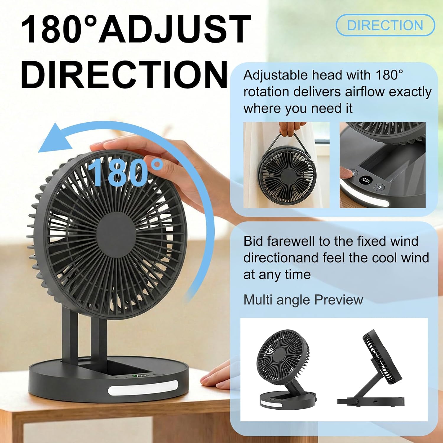 Portable Fan, 3600 mAh Rechargeable Battery Operated Fan with 5 Speeds, USB Powered, Quiet Personal Desk Fan for Office Home, Outdoor, Camping