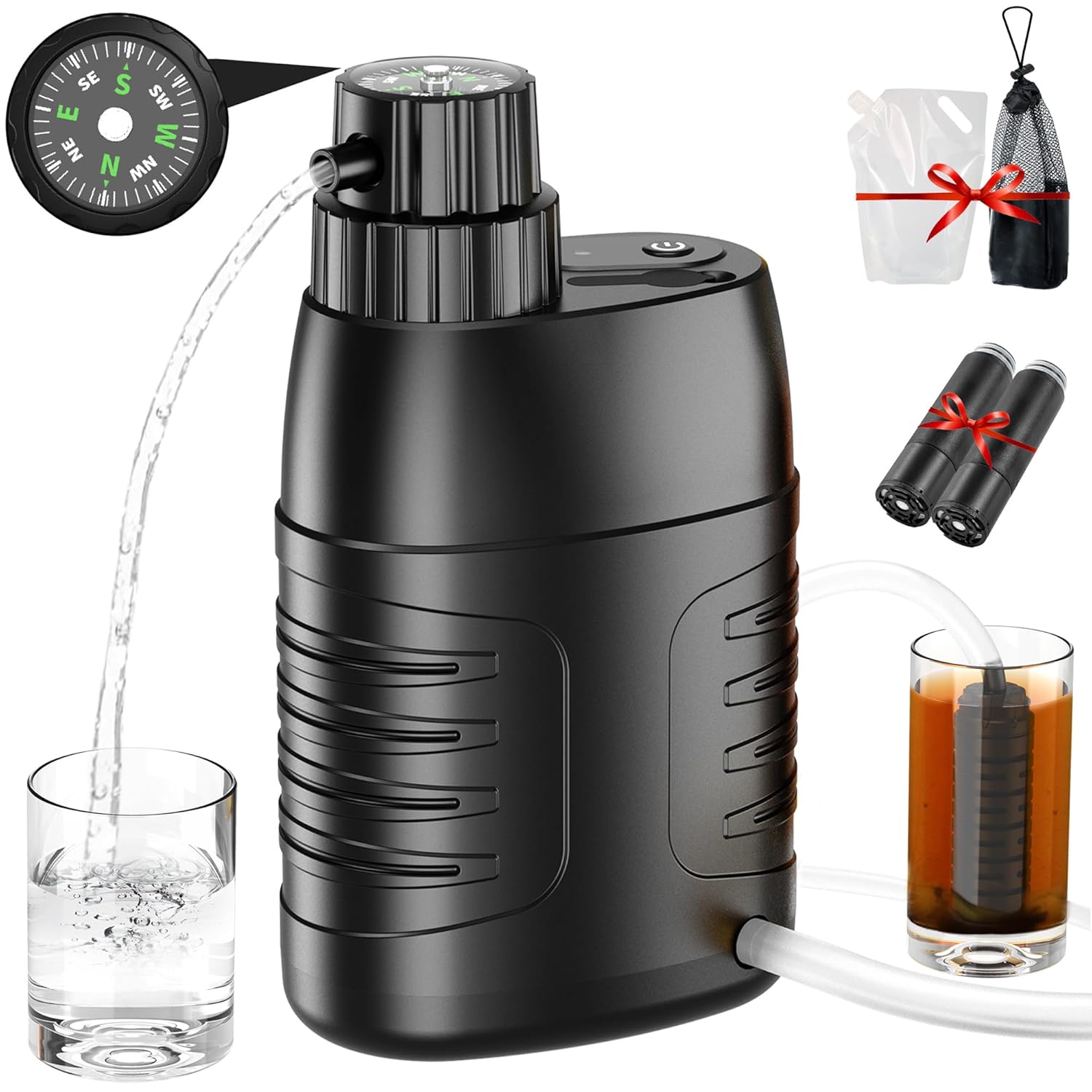 Electric Water Purifier Survival, 0.01 Micron 6-Stage Portable Water Filter with Emergency Compass, Water Purification System for Camping