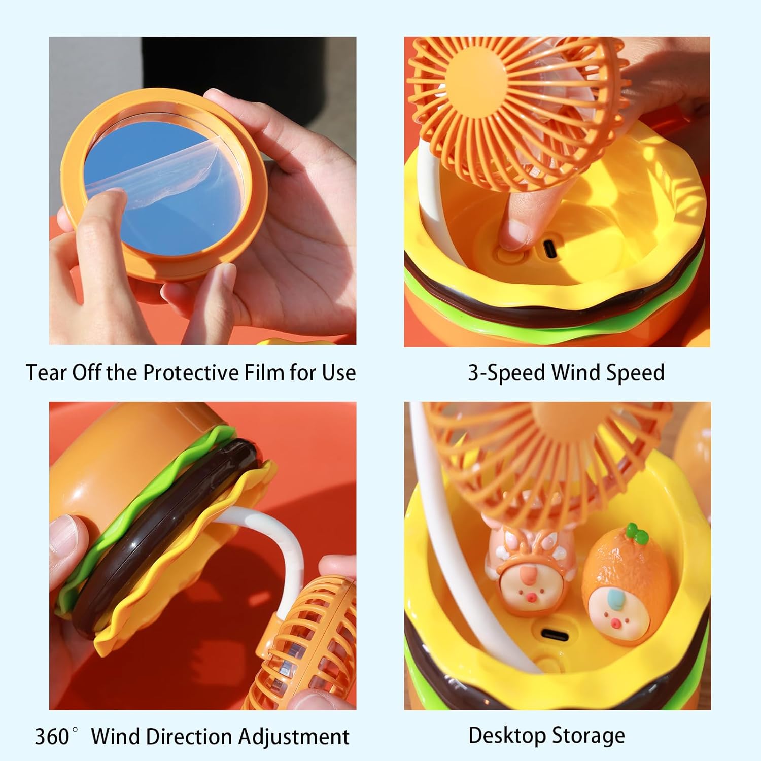 Rechargeable Hamburger Desk Fan With Mirror 3 Inch Small Mini Cute Desk Fan Powerful 3 Speeds 360° Rotate USB Personal Portable Desktop Table Fans For Home Office Travel Indoor Outdoor